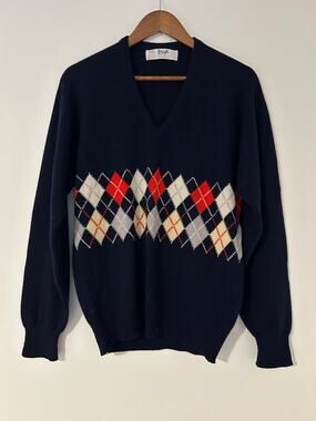 VTG Pringle of Scotland Intarsia Argyle Diamond Print Sweater 100% Cashmere EUC